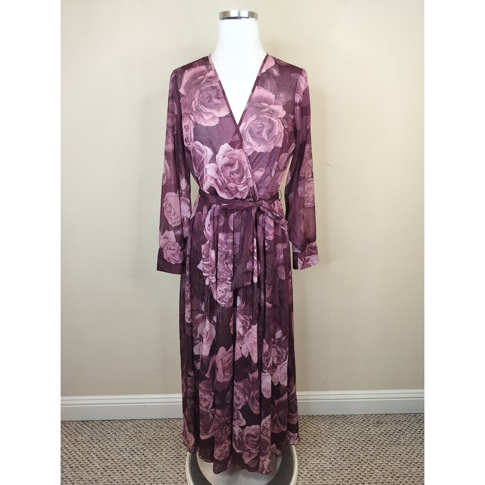 Alexa B Nites Floral Wrap Maxi Dress 4 Shimmer Metallic Belted Romantic Fairy